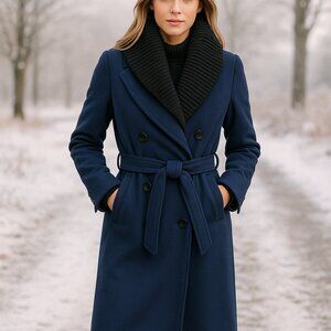 Soia & Kyo Anya Wool Blend Coat Knit Collar Blue Double Breasted Size S NWT